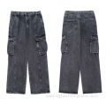 Men Cargo Work Pants Stone Wash Jeans